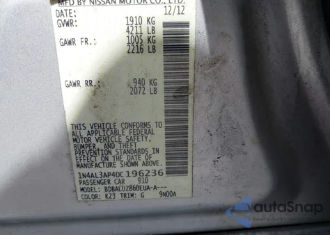 2013 Nissan Altima 2.5 Sv z USA, uszkodzony, nr VIN 1N4AL3AP4DC196236